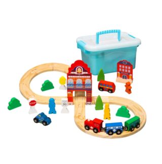 КИДС, деревянная железная дорога с домиками, 36 деталей + контейнер для хранения